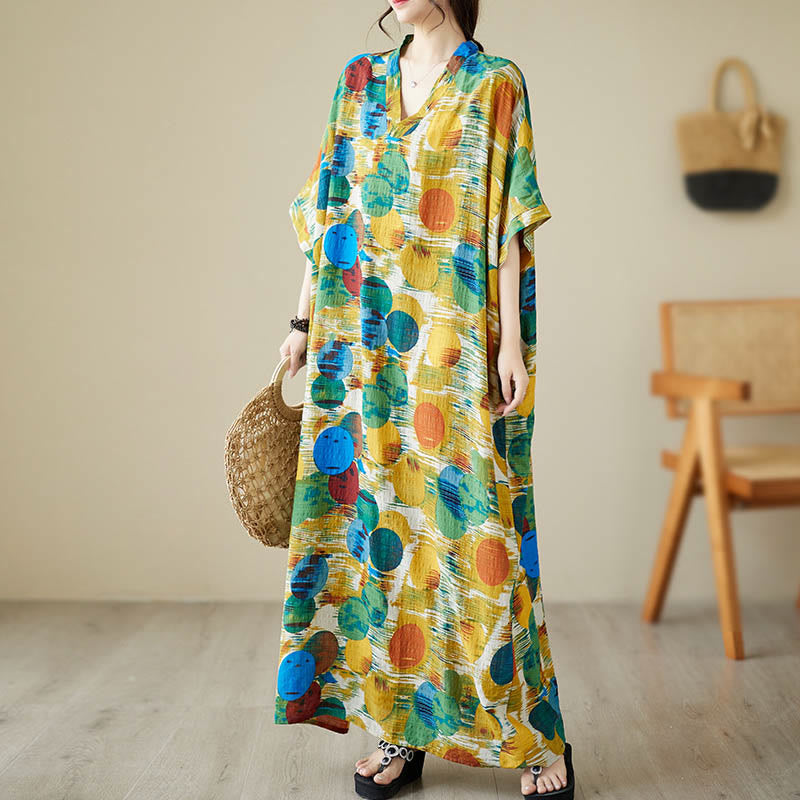 Robe mi-longue à pois colorés orange bleu Buddha Stones en coton à manches mi-longues avec poches - image 2