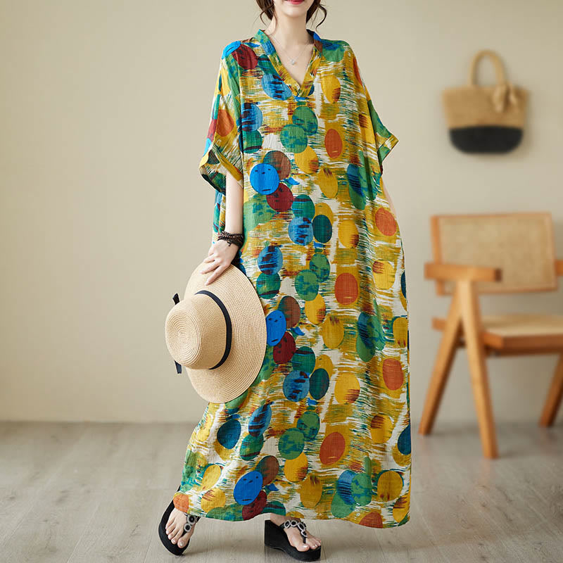 Robe mi-longue à pois colorés orange bleu Buddha Stones en coton à manches mi-longues avec poches