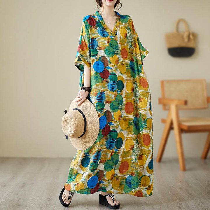 Robe mi-longue à pois colorés orange bleu Buddha Stones en coton à manches mi-longues avec poches