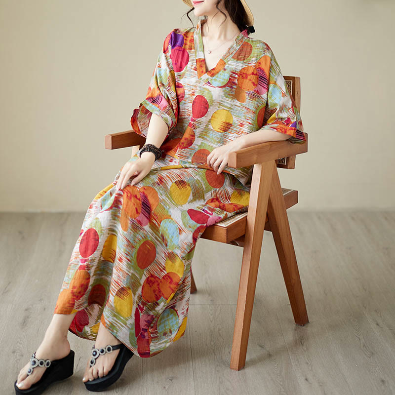 Robe mi-longue à pois colorés orange bleu Buddha Stones en coton à manches mi-longues avec poches - image 10