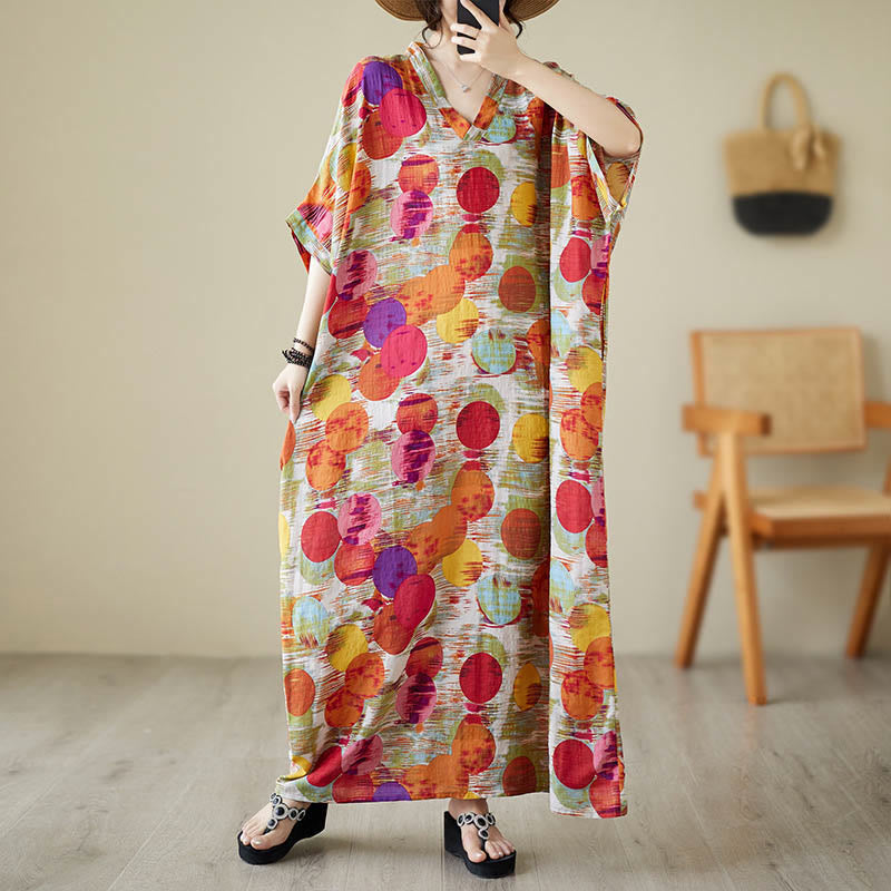 Robe mi-longue à pois colorés orange bleu Buddha Stones en coton à manches mi-longues avec poches - image 12