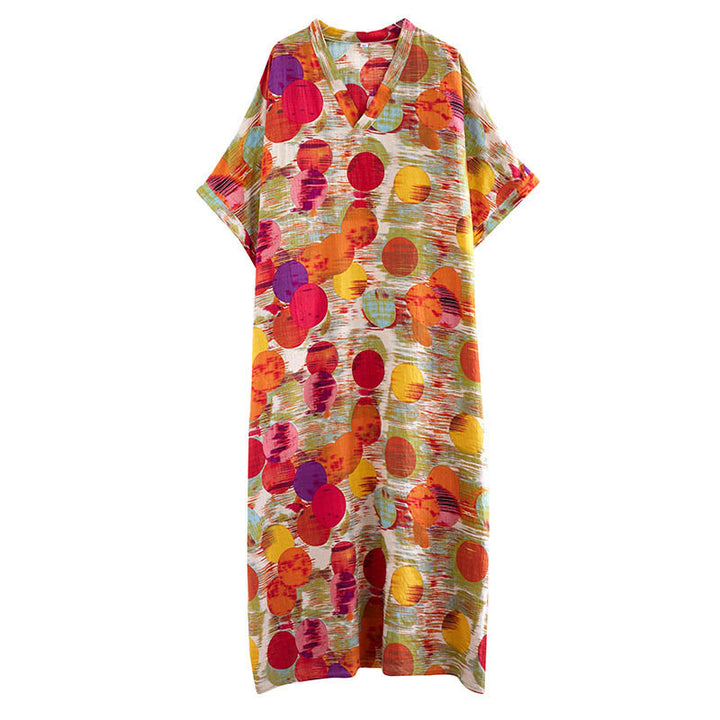 Robe mi-longue à pois colorés orange bleu Buddha Stones en coton à manches mi-longues avec poches