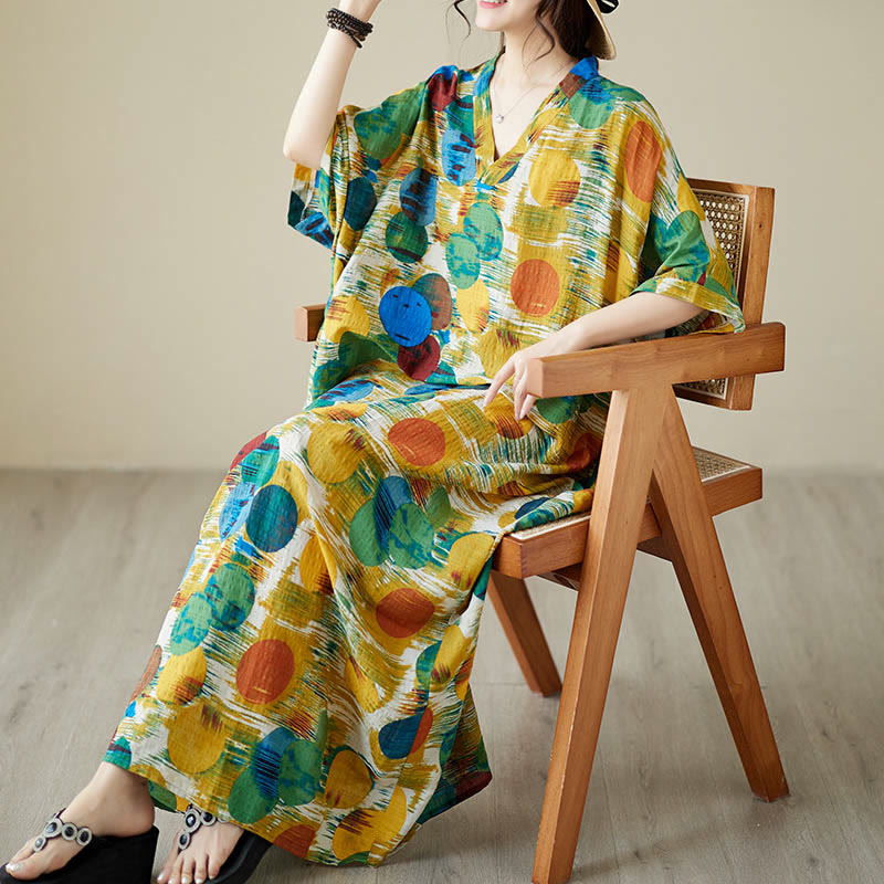 Robe mi-longue à pois colorés orange bleu Buddha Stones en coton à manches mi-longues avec poches - image 6