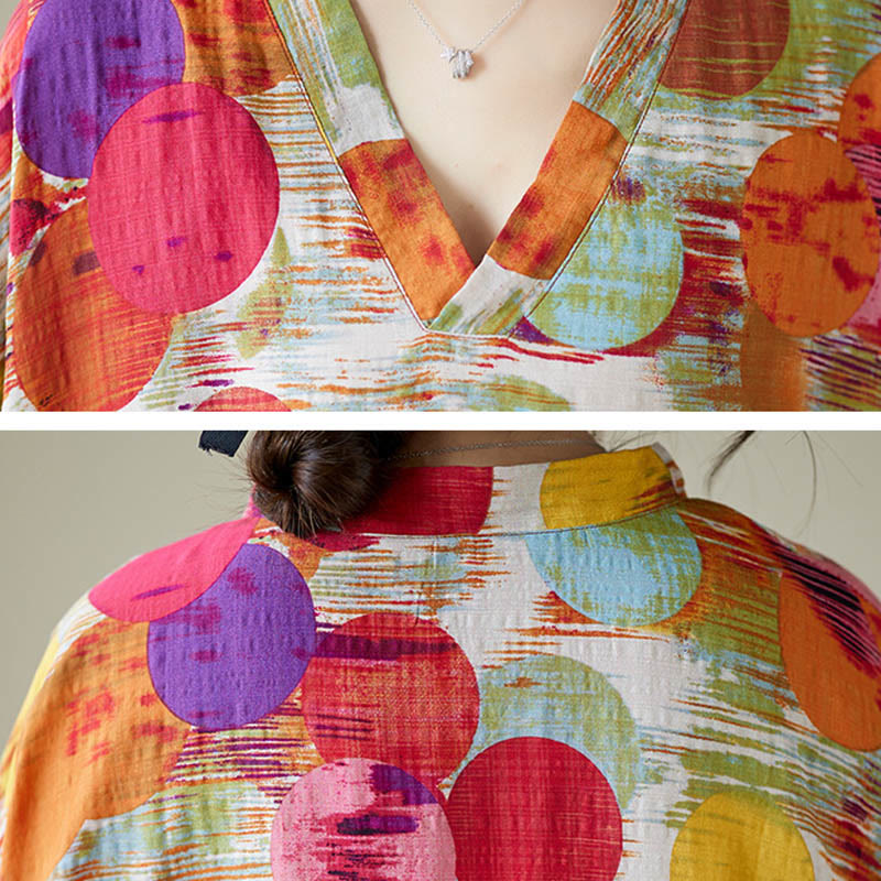 Robe mi-longue à pois colorés orange bleu Buddha Stones en coton à manches mi-longues avec poches - image 15