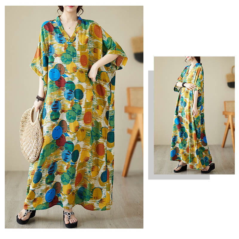 Robe mi-longue à pois colorés orange bleu Buddha Stones en coton à manches mi-longues avec poches - image 7