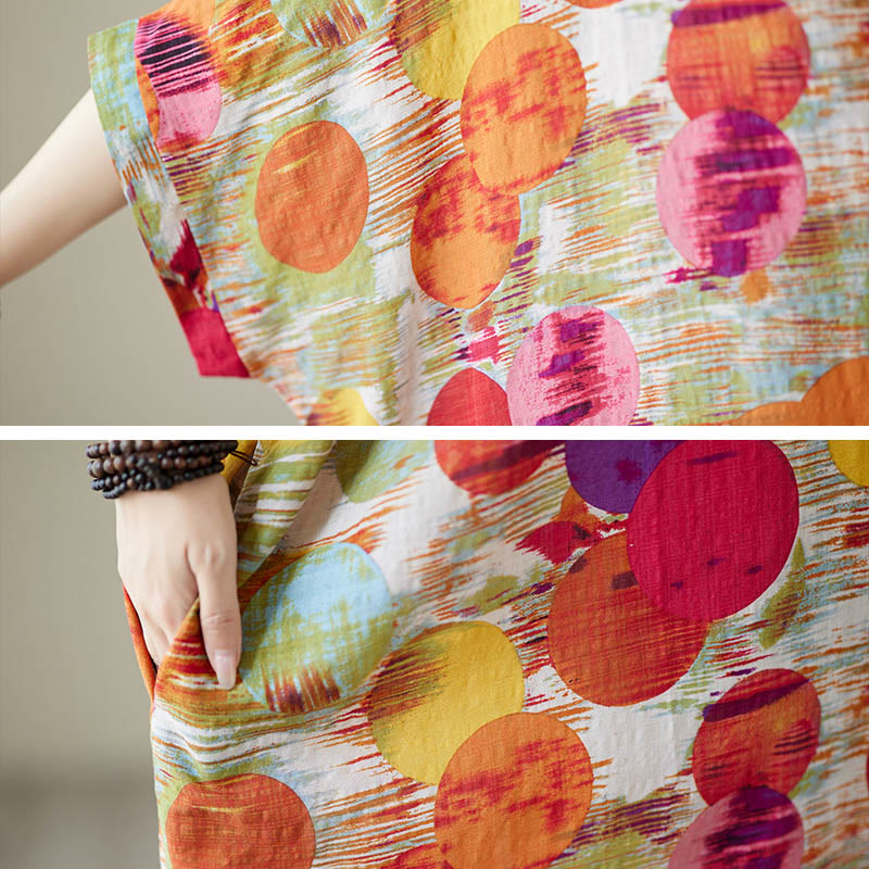 Robe mi-longue à pois colorés orange bleu Buddha Stones en coton à manches mi-longues avec poches