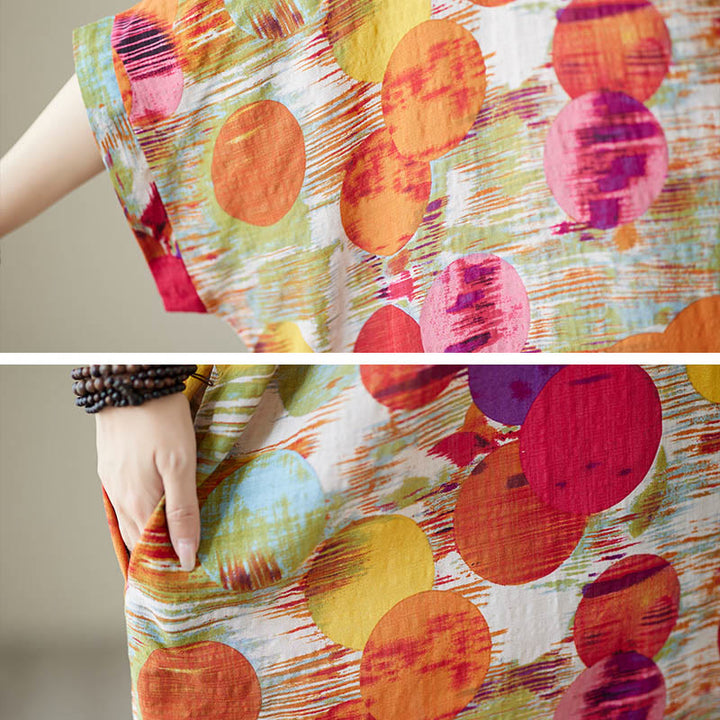 Robe mi-longue à pois colorés orange bleu Buddha Stones en coton à manches mi-longues avec poches