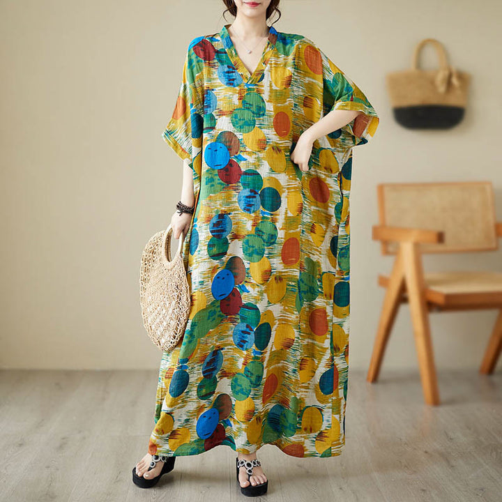 Robe mi-longue à pois colorés orange bleu Buddha Stones en coton à manches mi-longues avec poches - Bleu (Robe uniquement) - F (Tour de poitrine 158 cm / Ourlet 158 ​​cm / Longueur 133 cm) - image 0