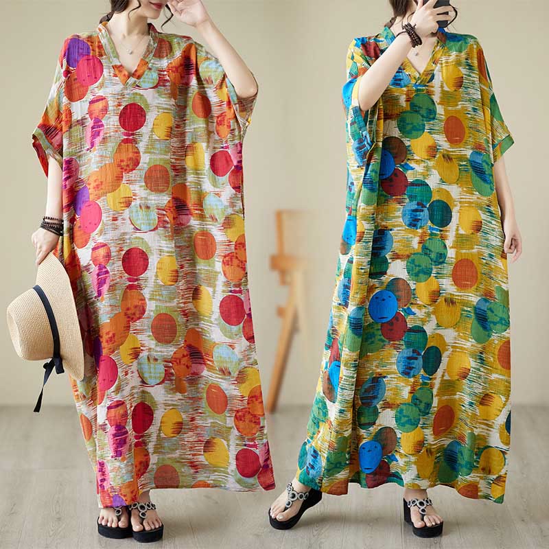 Robe mi-longue à pois colorés orange bleu Buddha Stones en coton à manches mi-longues avec poches