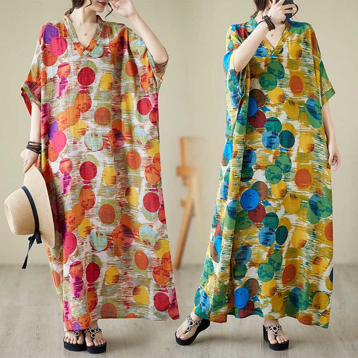 Robe mi-longue à pois colorés orange bleu Buddha Stones en coton à manches mi-longues avec poches