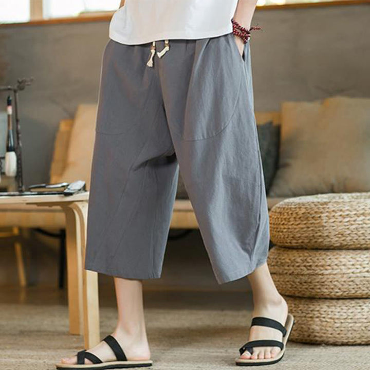 Pantalon large mi-long en lin de couleur unie Buddha Stones pour homme avec poches - Gris - US/UK/AU46，EU56 (5XL) - image 26