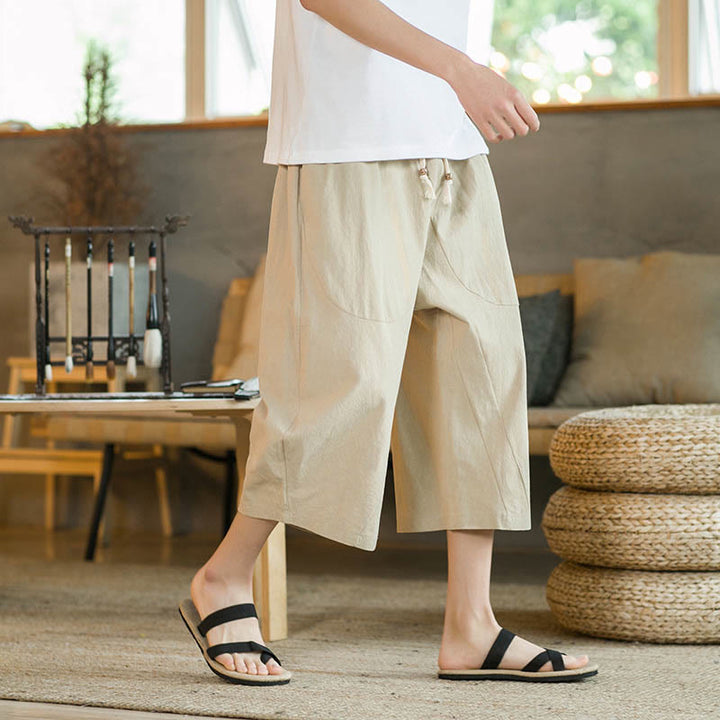 Pantalon large mi-long en lin de couleur unie Buddha Stones pour homme avec poches - Kaki - US/UK/AU46，EU56 (5XL) - image 2
