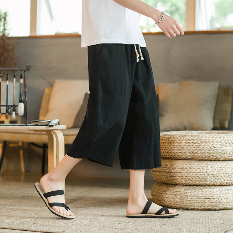 Pantalon large mi-long en lin de couleur unie Buddha Stones pour homme avec poches - Noir - US/UK/AU46，EU56 (5XL) - image 1