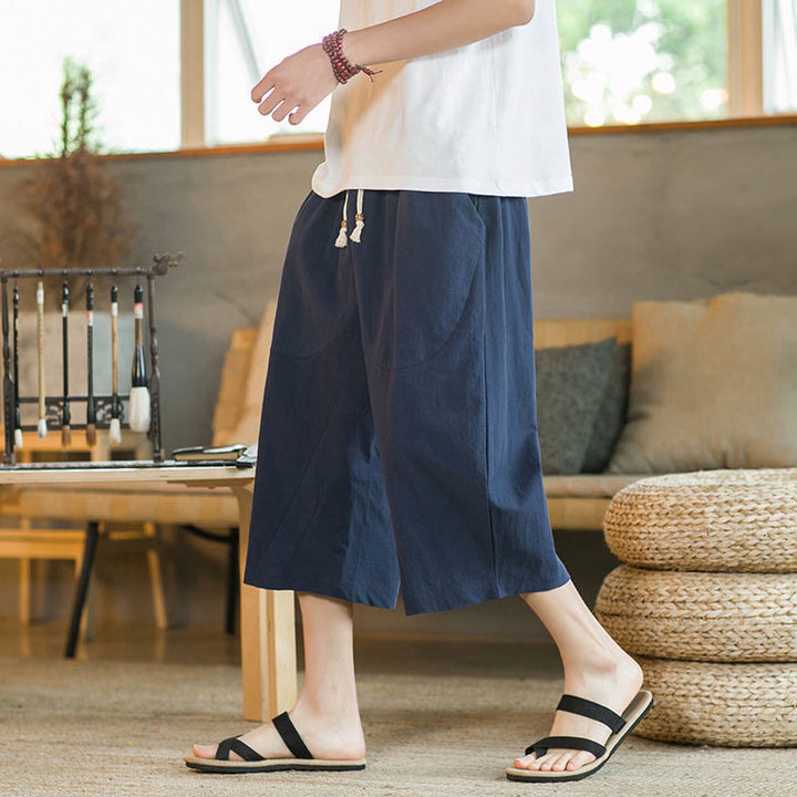 Pantalon large mi-long en lin de couleur unie Buddha Stones pour homme avec poches - Bleu marine - US/UK/AU46，EU56 (5XL) - image 9