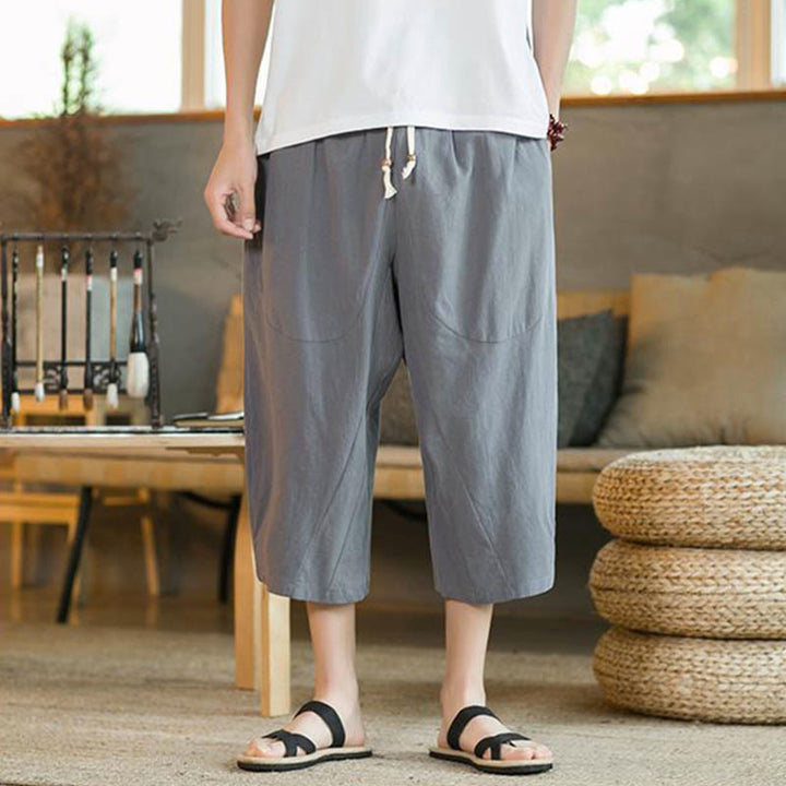 Pantalon large mi-long en lin de couleur unie Buddha Stones pour homme avec poches - image 26
