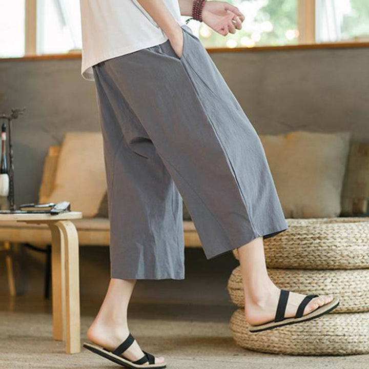 Pantalon large mi-long en lin de couleur unie Buddha Stones pour homme avec poches - image 28