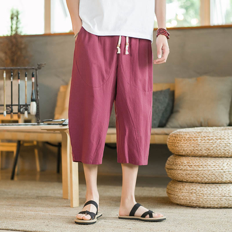 Pantalon large mi-long en lin de couleur unie Buddha Stones pour homme avec poches - image 19
