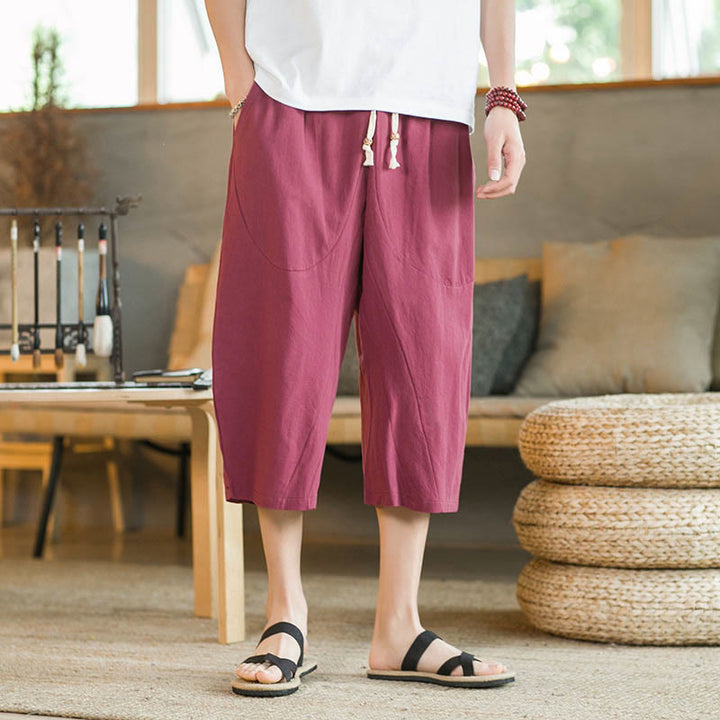 Pantalon large mi-long en lin de couleur unie Buddha Stones pour homme avec poches - image 19