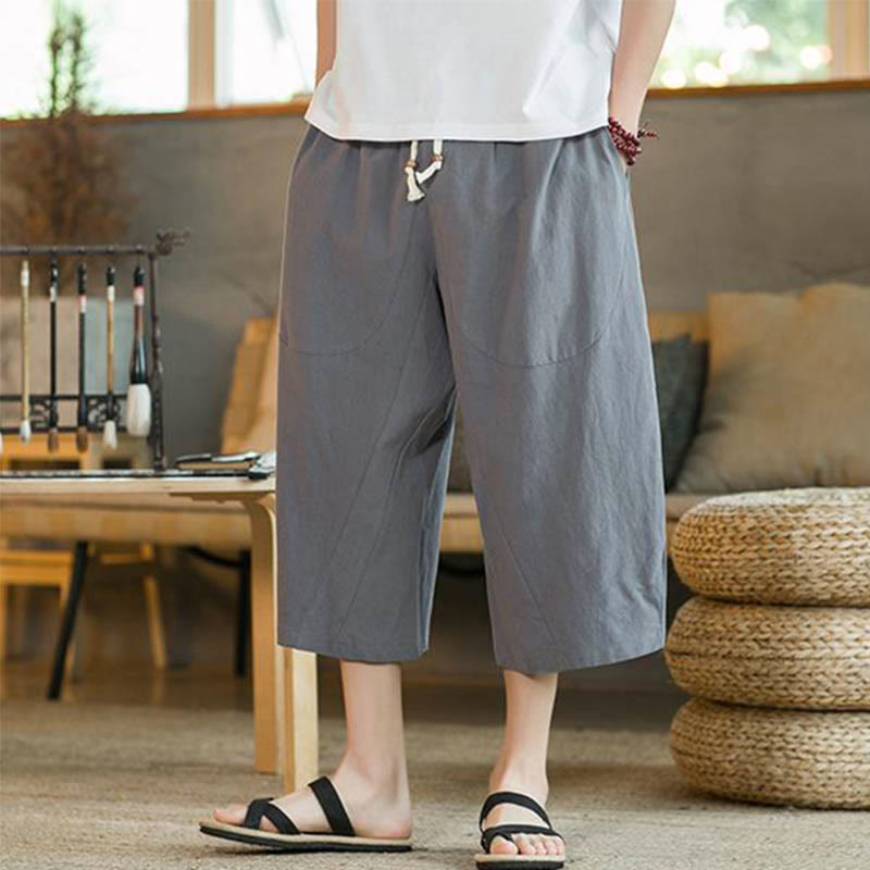 Pantalon large mi-long en lin de couleur unie Buddha Stones pour homme avec poches - image 28