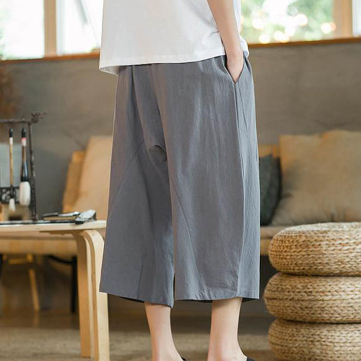 Pantalon large mi-long en lin de couleur unie Buddha Stones pour homme avec poches - image 29
