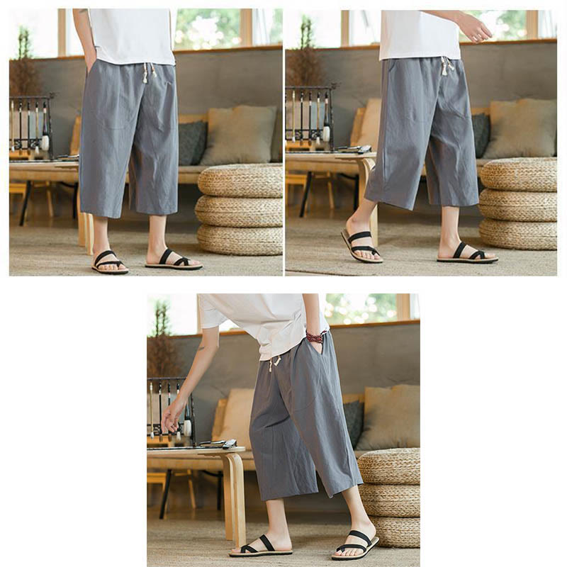 Pantalon large mi-long en lin de couleur unie Buddha Stones pour homme avec poches - image 33