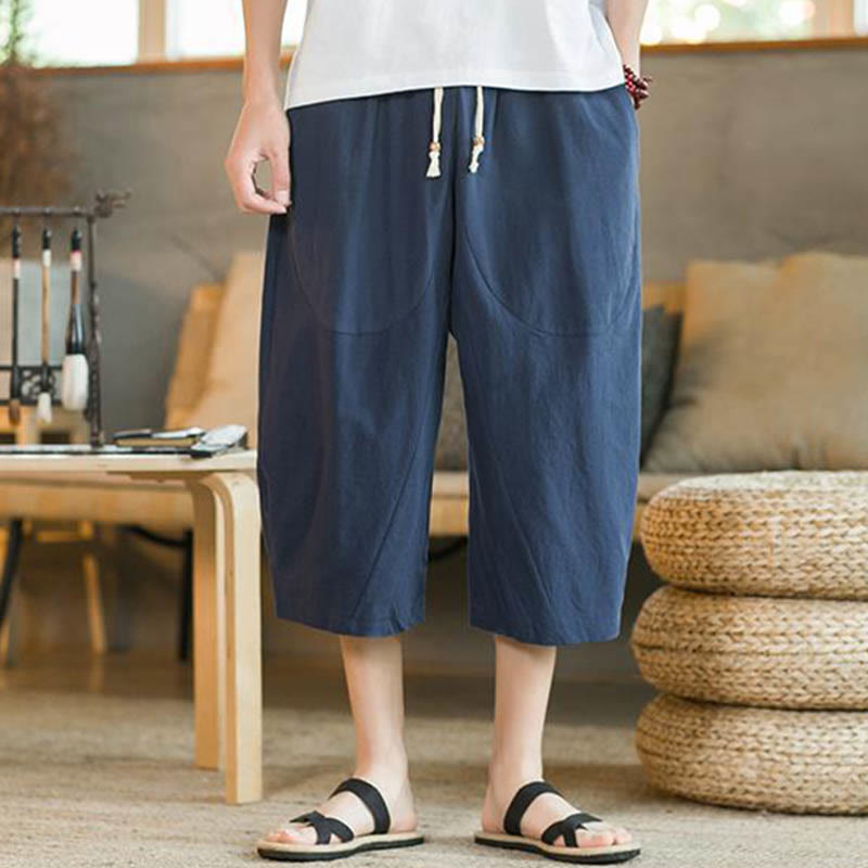 Pantalon large mi-long en lin de couleur unie Buddha Stones pour homme avec poches - image 11