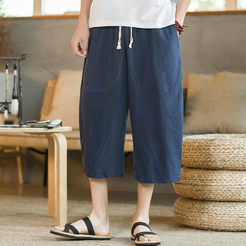 Pantalon large mi-long en lin de couleur unie Buddha Stones pour homme avec poches - image 14