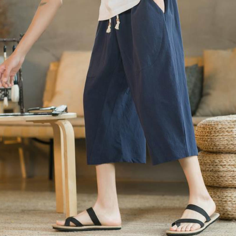 Pantalon large mi-long en lin de couleur unie Buddha Stones pour homme avec poches - image 10