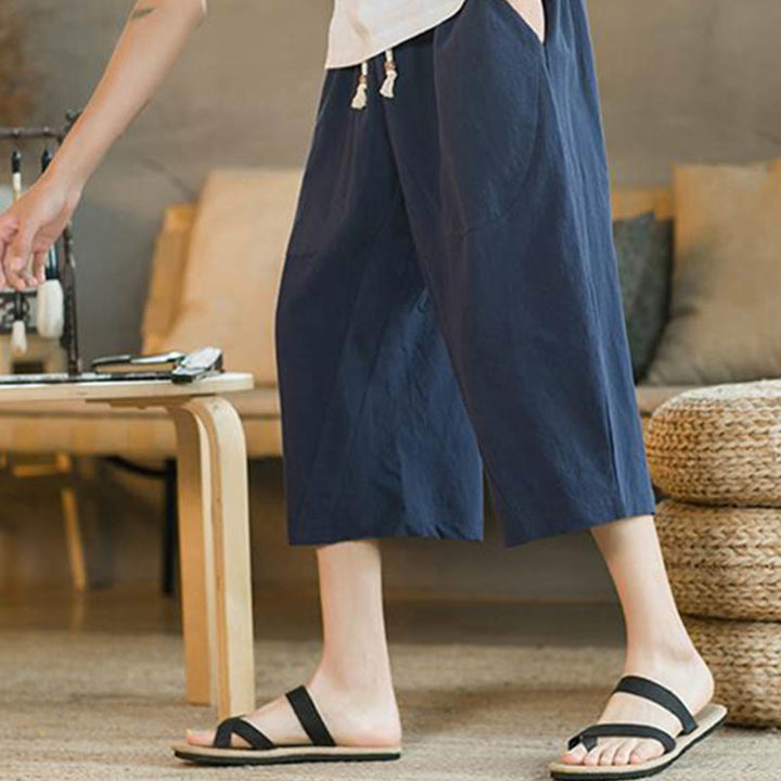 Pantalon large mi-long en lin de couleur unie Buddha Stones pour homme avec poches - image 10