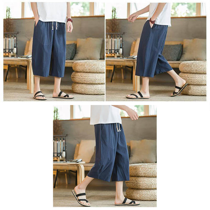 Pantalon large mi-long en lin de couleur unie Buddha Stones pour homme avec poches - image 15