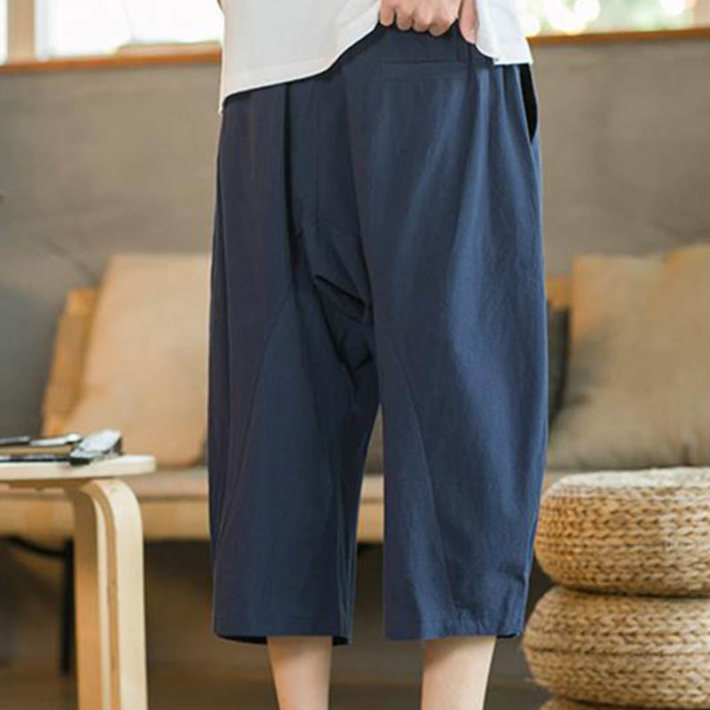 Pantalon large mi-long en lin de couleur unie Buddha Stones pour homme avec poches - image 12