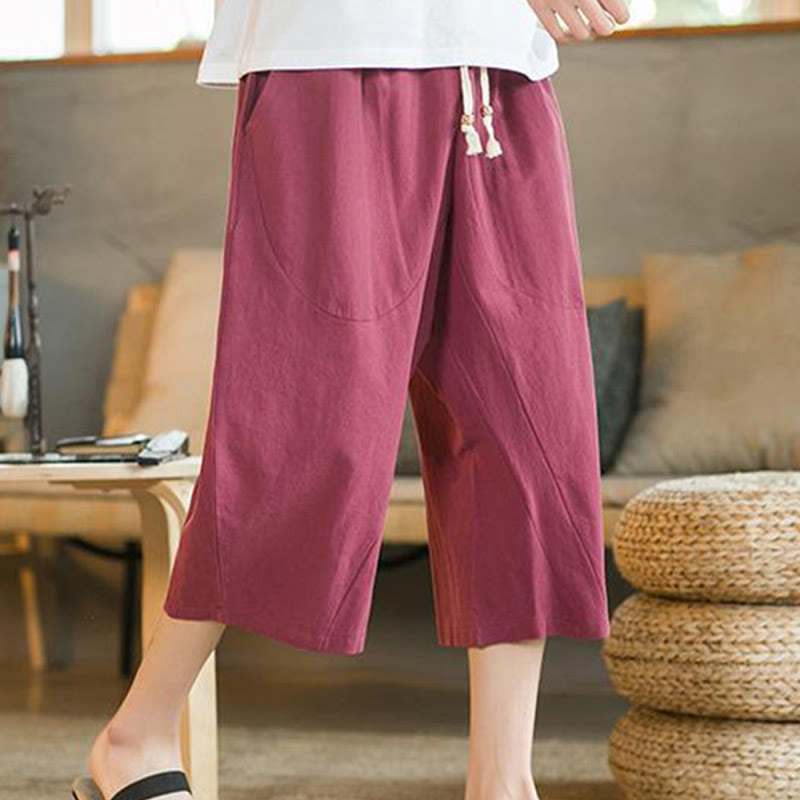 Pantalon large mi-long en lin de couleur unie Buddha Stones pour homme avec poches - Rouge - US/UK/AU46，EU56 (5XL) - image 16