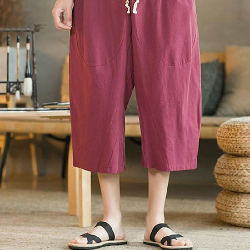Pantalon large mi-long en lin de couleur unie Buddha Stones pour homme avec poches - image 21