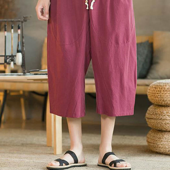 Pantalon large mi-long en lin de couleur unie Buddha Stones pour homme avec poches - image 21