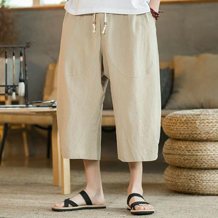 Pantalon large mi-long en lin de couleur unie Buddha Stones pour homme avec poches - image 3
