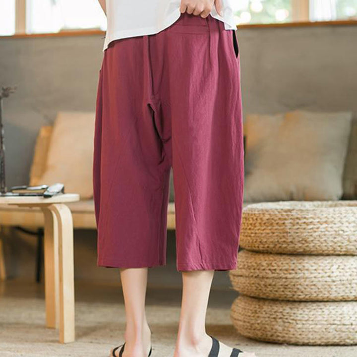 Pantalon large mi-long en lin de couleur unie Buddha Stones pour homme avec poches - image 19