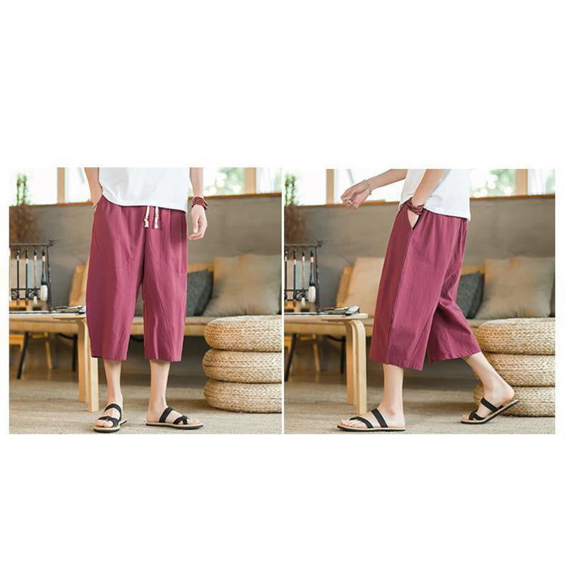 Pantalon large mi-long en lin de couleur unie Buddha Stones pour homme avec poches - image 25
