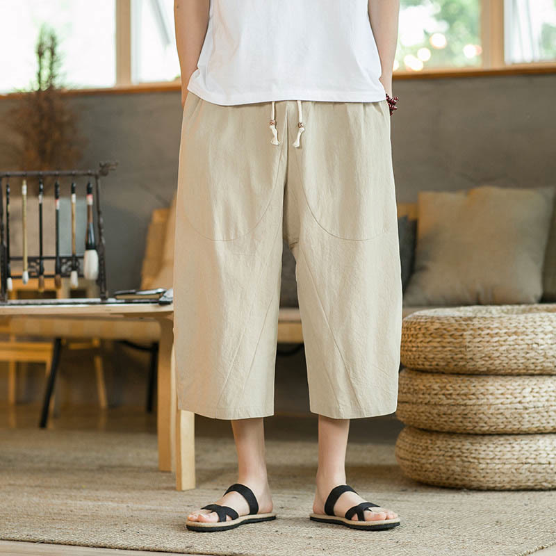 Pantalon large mi-long en lin de couleur unie Buddha Stones pour homme avec poches - image 4