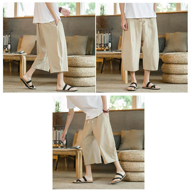 Pantalon large mi-long en lin de couleur unie Buddha Stones pour homme avec poches - image 9