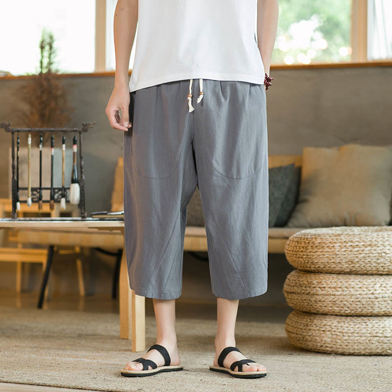 Pantalon large mi-long en lin de couleur unie Buddha Stones pour homme avec poches - image 31