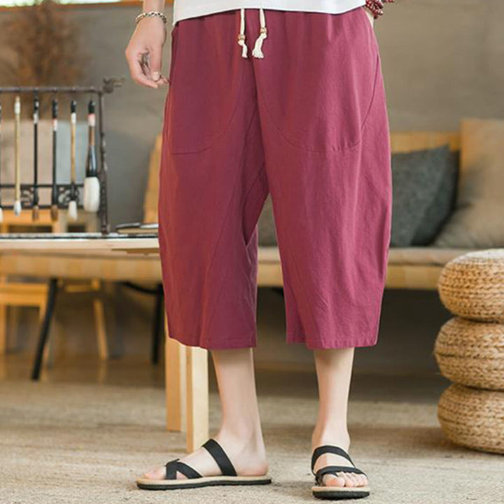 Pantalon large mi-long en lin de couleur unie Buddha Stones pour homme avec poches - image 17