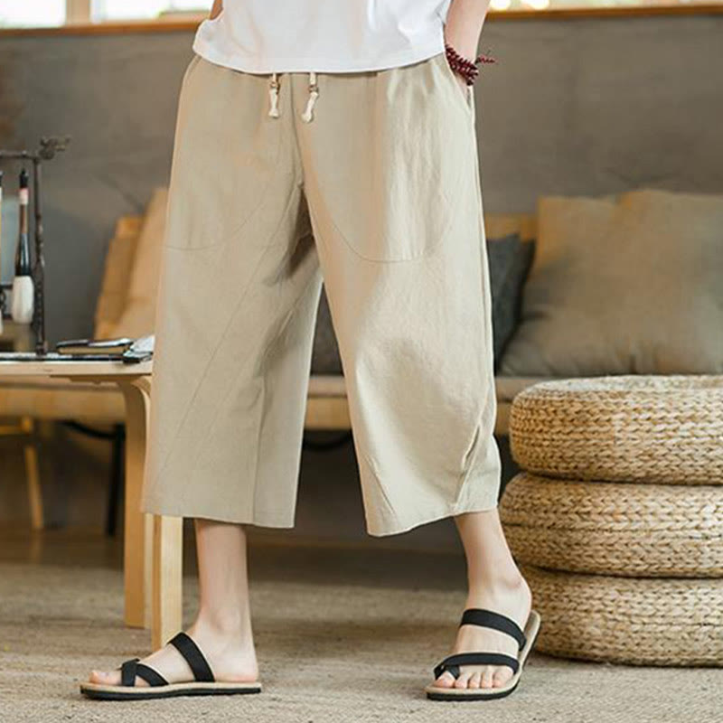 Pantalon large mi-long en lin de couleur unie Buddha Stones pour homme avec poches - image 7