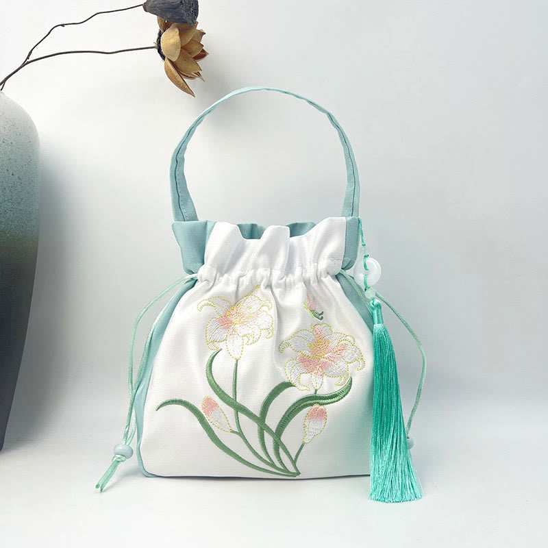 Sac à bandoulière en coton et lin avec fleurs brodées de Buddha Stones et glycine