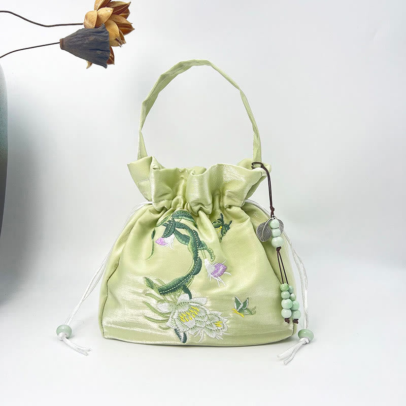 Sac à bandoulière en coton et lin avec fleurs brodées de Buddha Stones et glycine