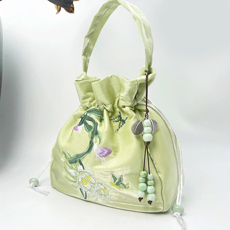 Sac à bandoulière en coton et lin avec fleurs brodées de Buddha Stones et glycine