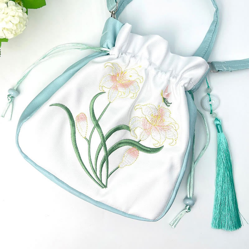 Sac à bandoulière en coton et lin avec fleurs brodées de Buddha Stones et glycine