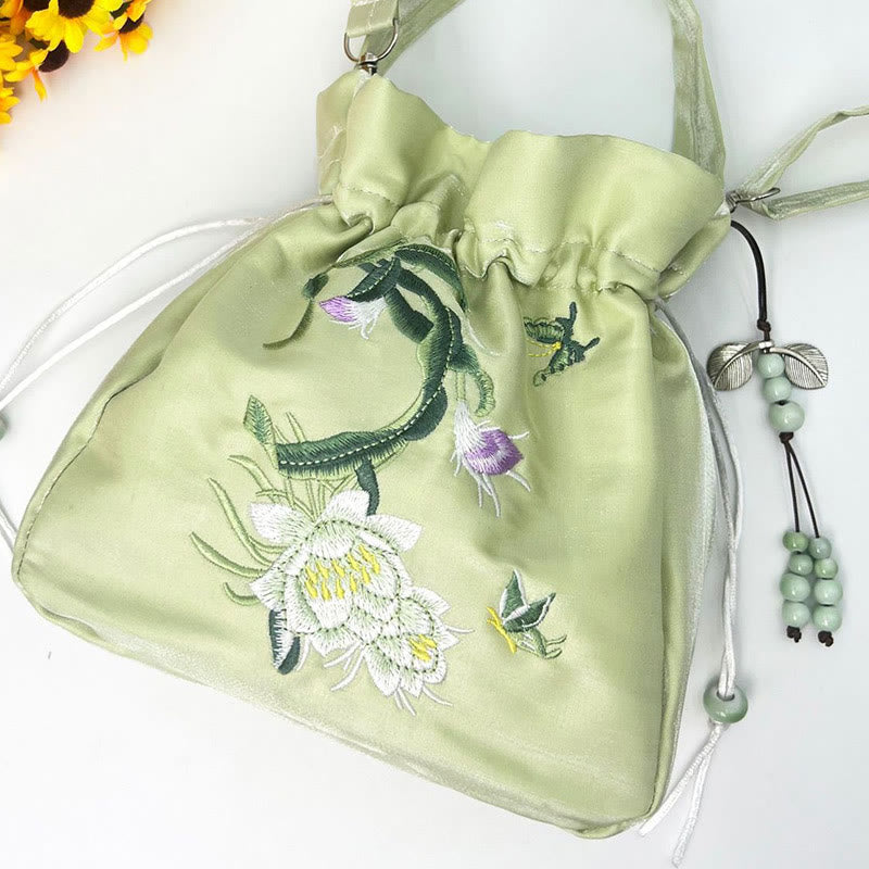 Sac à bandoulière en coton et lin avec fleurs brodées de Buddha Stones et glycine