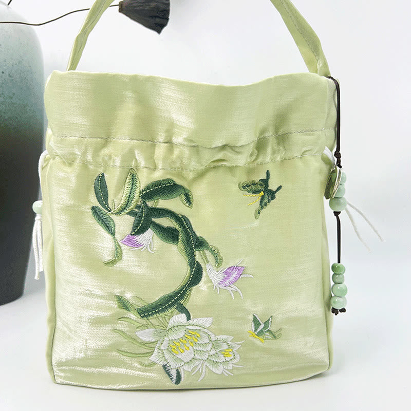 Sac à bandoulière en coton et lin avec fleurs brodées de Buddha Stones et glycine