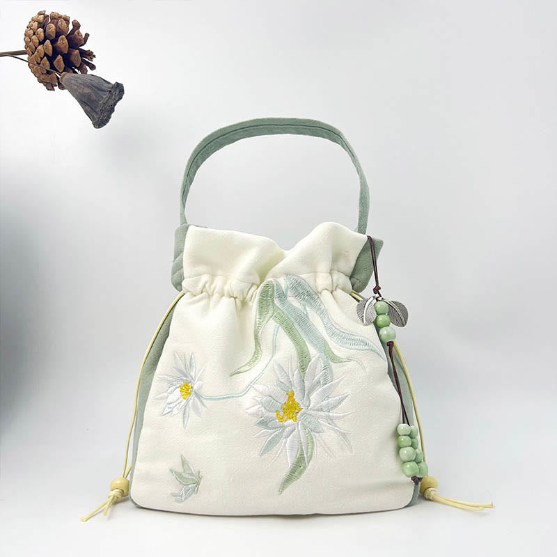 Sac à bandoulière en coton et lin avec broderie de Buddha Stones , papillon, lotus, magnolia