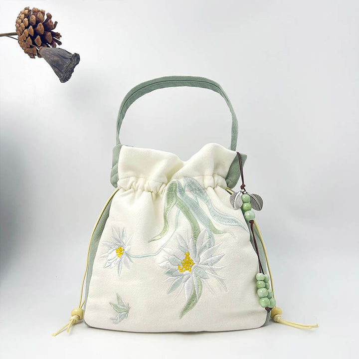 Sac à bandoulière en coton et lin avec broderie de Buddha Stones , papillon, lotus, magnolia